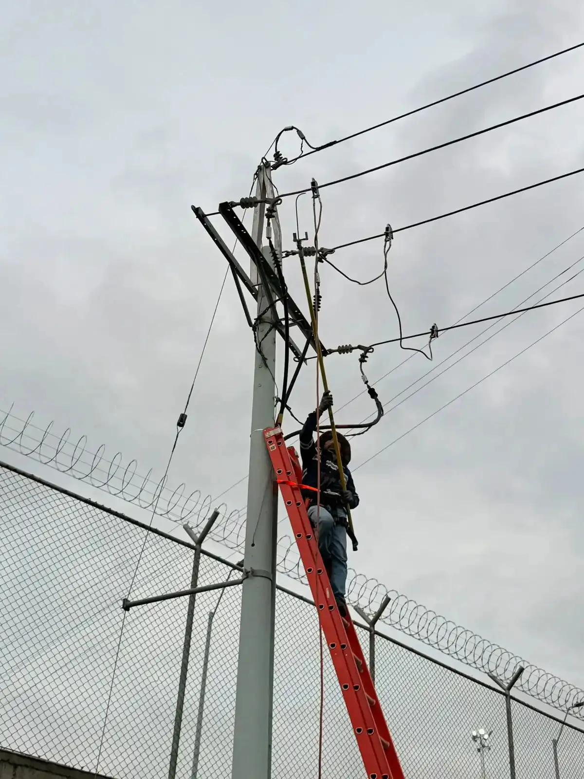 Técnico de Soditeel trabajando en lo alto de un poste con líneas de distribución